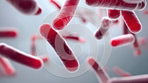 Red bacteria floating in a microscopic environment showcasing their unusual shapes and textures