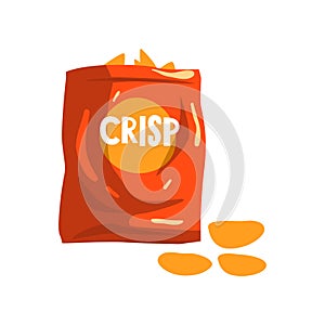 Red bag package of crisp potato chips snacks vector Illustration on a white background