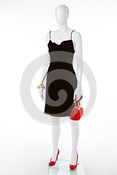 Red bag and shoes complement the black dress.