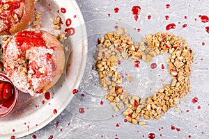 Red Baked Apples Stuffed Cottage Cheese And Granola with Jam. Healthy Diet Food. Heart from Granola.