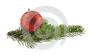 red ball and branch of Christmas tree isolated