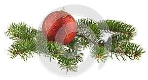 red ball and branch of Christmas tree isolated