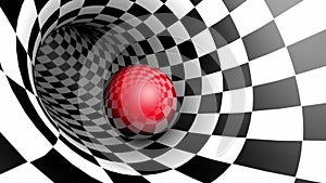 Red ball in a chess tunnel chess metaphor. The space and time. Cyclical 3D animation.