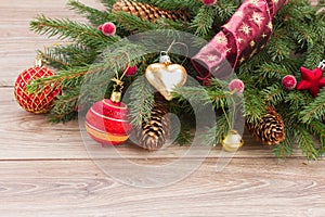 Red ball decoration and fir tree