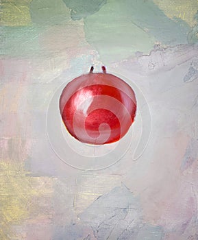Red ball with glare on a gray multicolored background painted with oil paints on canvas