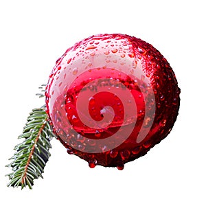 Red ball globe with raindrops and fir branch isolated on white