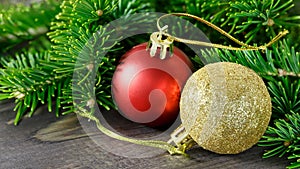 Red ball Golden ball, Christmas toy, Christmas tree branch on a