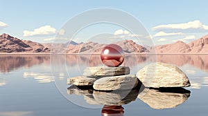 A red ball sitting on top of a pile of rocks. Generative AI image.