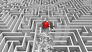 Red ball in white maze. The concept of solving complex business problems or training. Overcoming obstacles and difficulties. photo