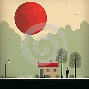 Red Balloon Above House: A Vibrant Fusion Of Traditional And Contemporary Art