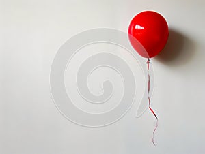 A red balloon is hanging from a white wall