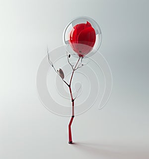 A red balloon with a stem and leaves