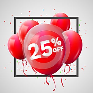 Red Balloons Discount Frame. SALE concept for shop market store advertisement commerce. 25 percent off. Market discount, red