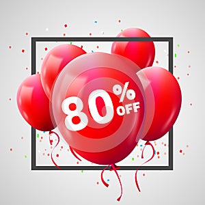 Red Balloons Discount Frame. SALE concept for shop market store advertisement commerce. 80 percent off. Market discount, red