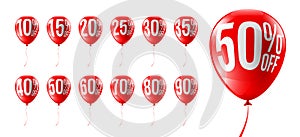 Red Balloons Discounts for Retail,Shopping,Sale or Promotion concept.Set of Balloon 10%, 15%, 20%, 25%, 30%, 35%, 40%, 50%, 60%,