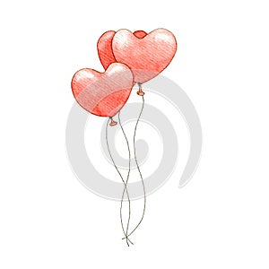 Red balloons heart shape watercolor illustration. Bunch of bright romantic balloons for Valentines day, party or celebration. Part
