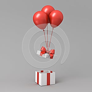 Red balloons lifting up gift box lid open or opening white present box with red ribbon bow on gray background with shadow