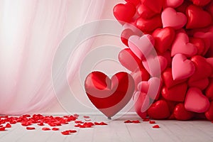 Red balloons in the shape of hearts around scattered rose petals transparent curtain in the background.Valentine's Day banne