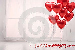 Red balloons in the shape of hearts around scattered rose petals transparent curtain in the background.Valentine's Day banne