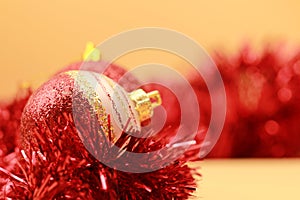 Red balls close up and Christmas Tree ornaments