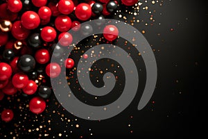 Red balls and gold sequins on a black background. Flat lay background with copy space for black Friday
