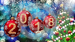 Red balls with numbers 2018 hanging on the background of a blue bokeh and a rotating Christmas tree 3d rendering.