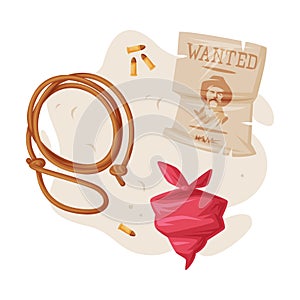 Red Bandana, Lasso and Wanted Notice Paper as Wild West Object Vector Composition