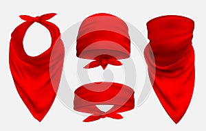 Red bandana realistic 3d accessory illustrations set
