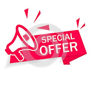 Red banner special offer with megaphone on white background. Ribbon of discount and sale. Modern advertising and promotion in