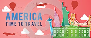 Red banner of united state of america famous landmark silhouette colorful style,plane and balloon fly around with cloud