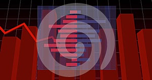 Red bar chart and fluctuating line graph image over grid background