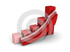 Red bar chart graph with rising up growing arrow