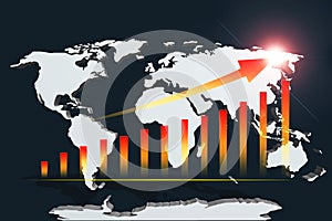 Red bar graph chart and arrow line direction point up with flare lighting on world map and dark blue  background