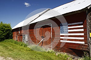 Red Barn, Blue Sky, American Flag