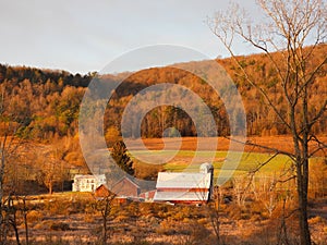 Red barn country house nestled in FingerLakes mountainside during Autumn