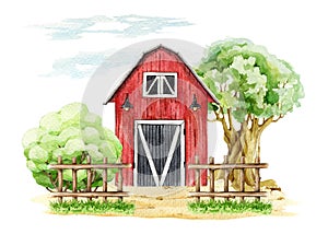 Red barn edged with fence, big tree and bush. Watercolor illustration. Farm and countryside element. Red wooden vintage