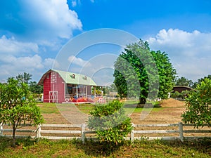 Red barn farm with a big tree in the field