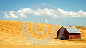 Red barn in a golden wheat field under a clear blue sky.