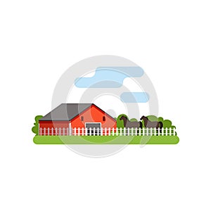 Red barn, horse in the corral on farm, rural landscape vector Illustration