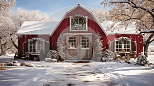 Red Barn, House or Shop Decorated for Christmas in a Beautiful Winter Snowy Scene. Generative AI