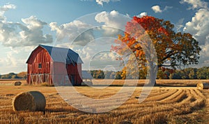 Red barn and maple tree in the fall on farm