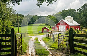 Red barn and red barn house in lush green field with dirt road and wooden fence in the foreground.