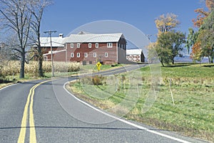 A red barn and scenic route 9G in the Hudson River Valley, NY