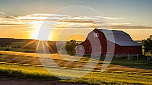 Red Barn With Setting Sun