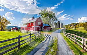 Red barn and silo on farm with dirt road and green grass in rural