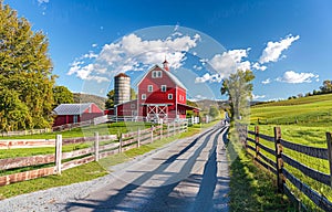 Red barn and silos along country road in rural