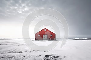 Red barn in the snow-covered countryside landscape. AI-generated.