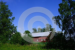 Red barn surrounded by green.