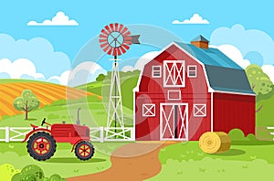 Red barn with a tractor and a round bale of hay. A small family farm surrounded by green fields and trees. Concepts of agriculture