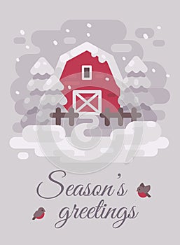 Red barn with trees in winter country landscape. Christmas card